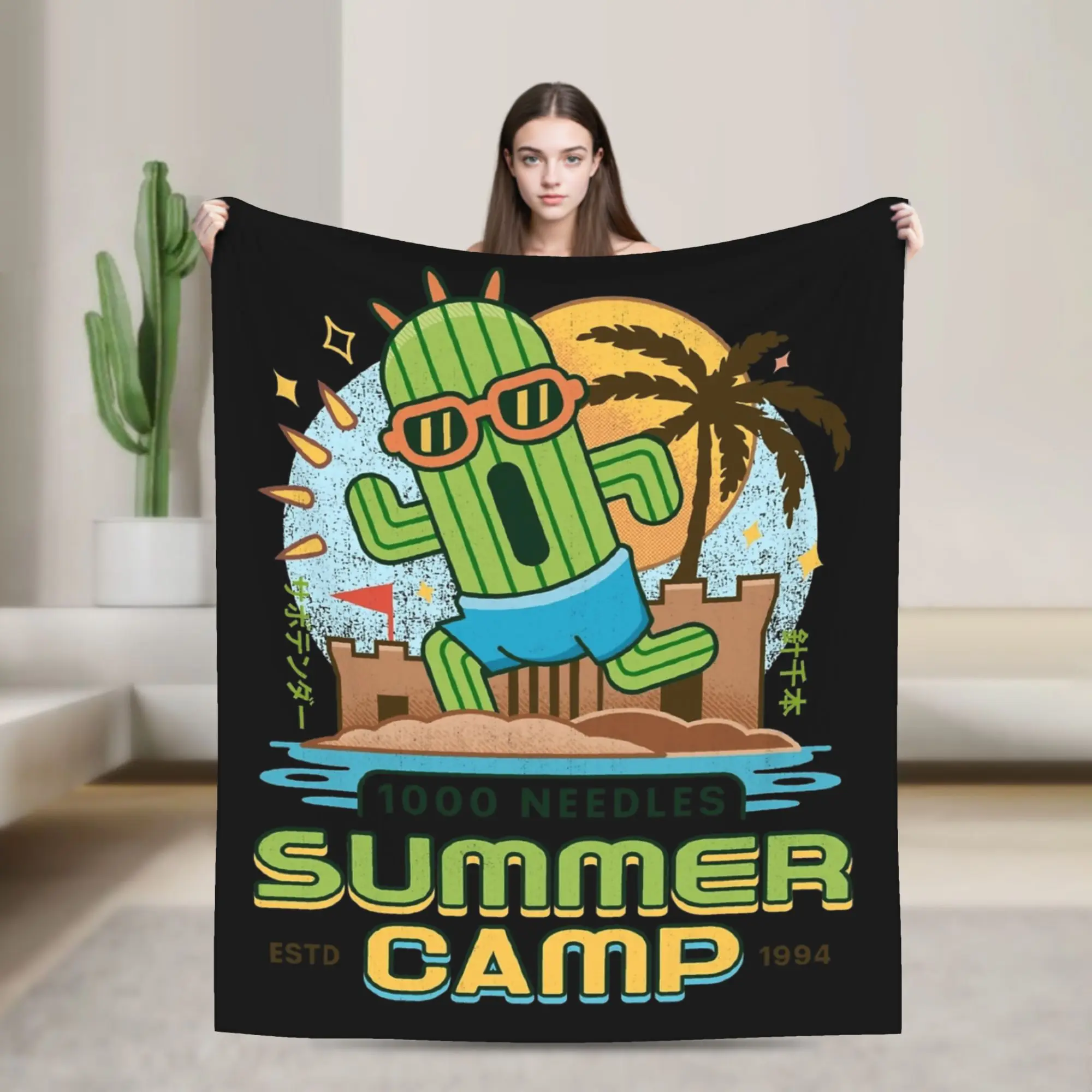 Cactuar Summer Camp Vintage FF Game Blanket Flannel  Winter Super Warm Throw Blankets for Sofa Office Plush Thin Quilt