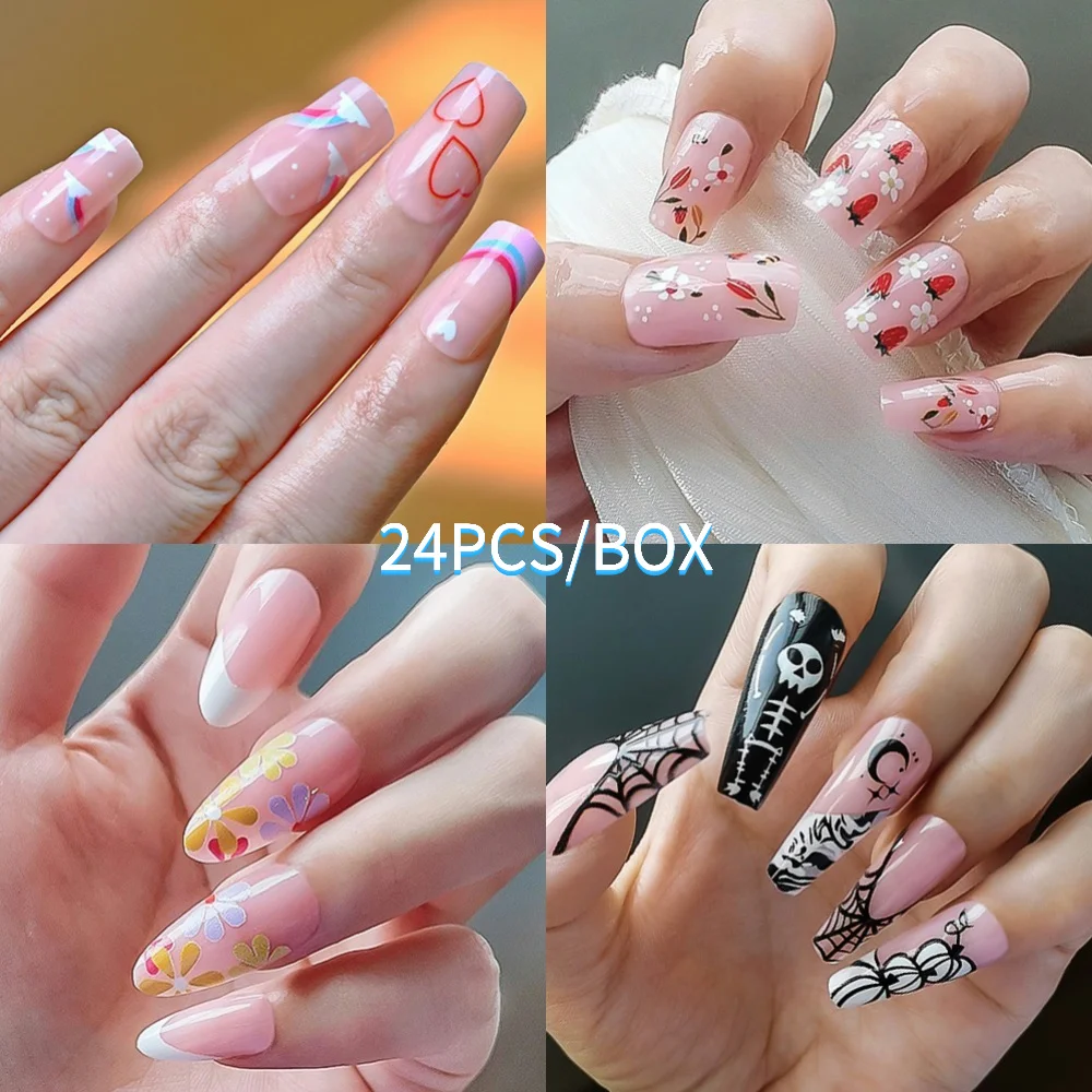 24PCS/BOX Halloween Fake Nails Kawaii Flower/Fruit/Heart/Skeleton Printed Full Cover Press on Nails DIY False Nail Tips for Girl