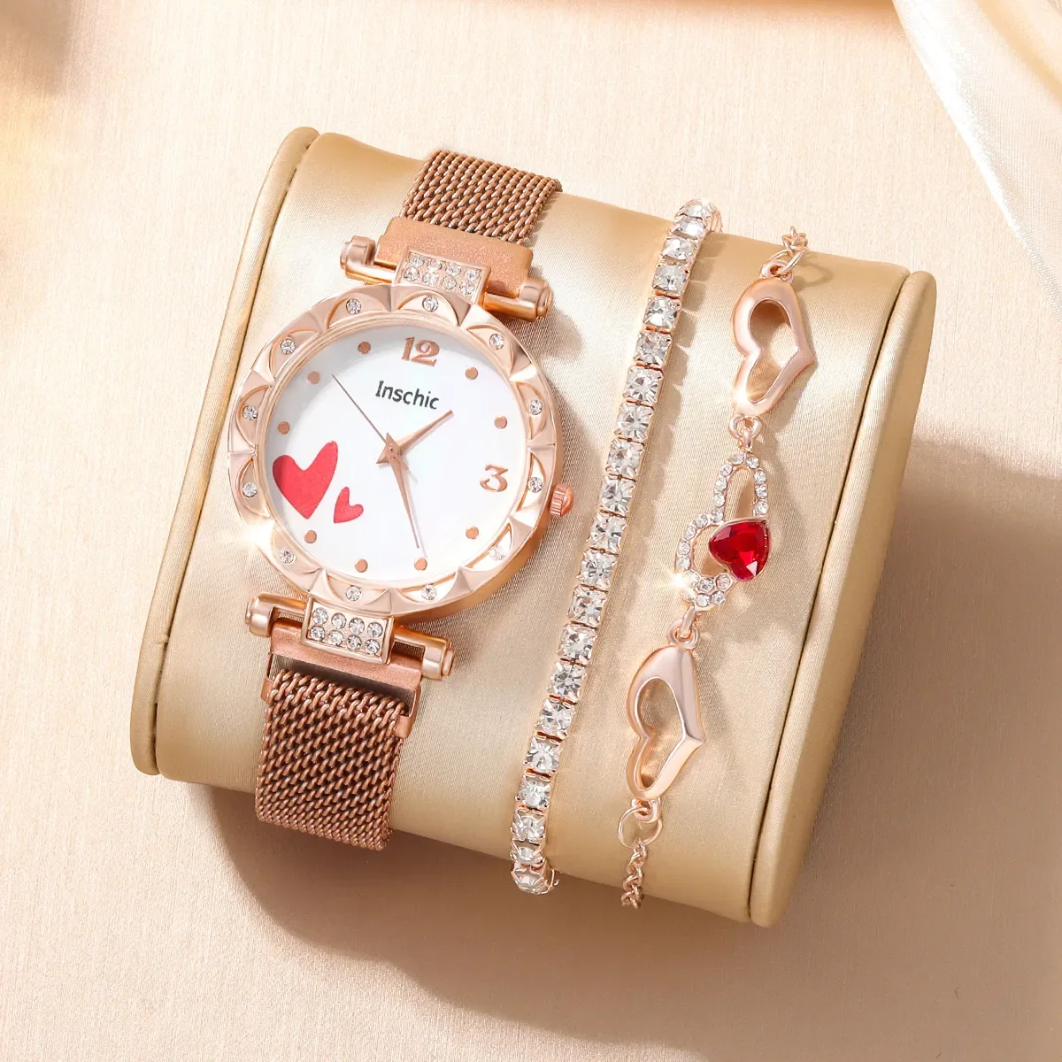 3PCS New Women's Fashion Digital Rhindiamonds Lazy Alloy With Quartz Watch Luxury Ruby Love Bracelet Birthday Gift Set