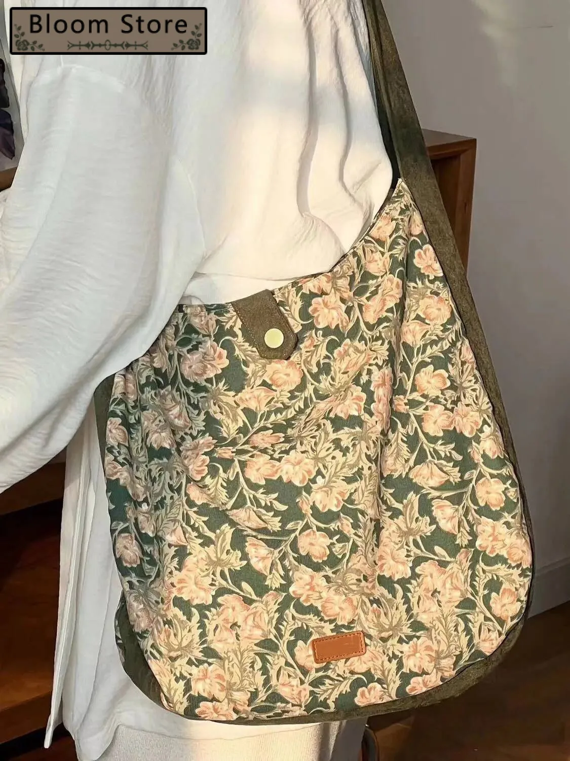 

Bloom Fairycore Floral Shoulder Handbag Women Large Capacity Casual Tote Bag Female Versatile Canvas Green Crossbody Bags