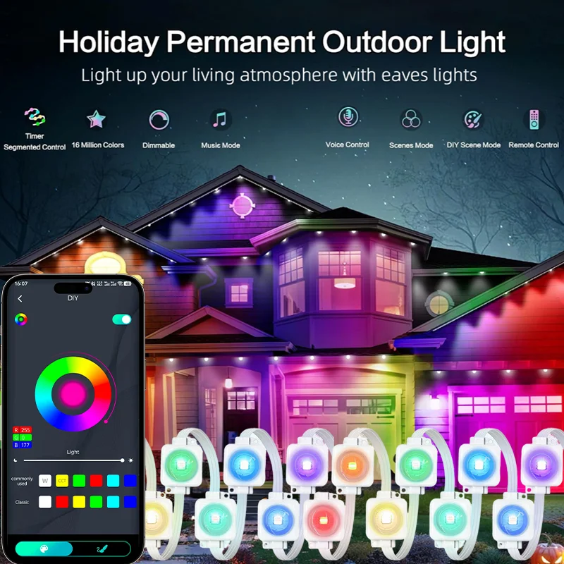 

Постоянное наружное освещение дома снаружи с 16 миллионов цветов IP67 Водонепроницаемое карнизовое освещение Хэллоуин Праздничные ежедневные украшения