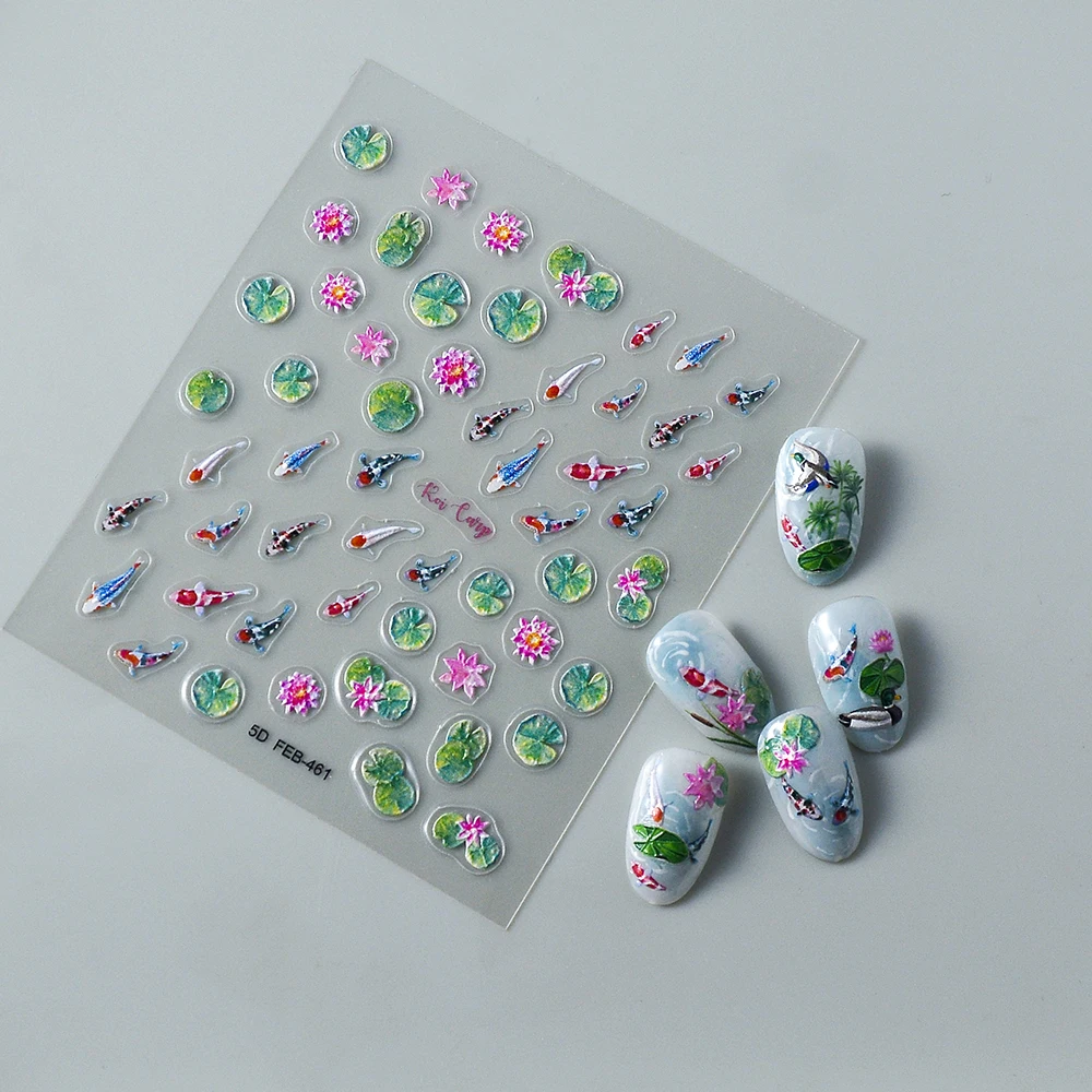 Summer Pond Lotus Fish 5D Nail Sticker Manicura Accesorios Autocollants Pour Ongles