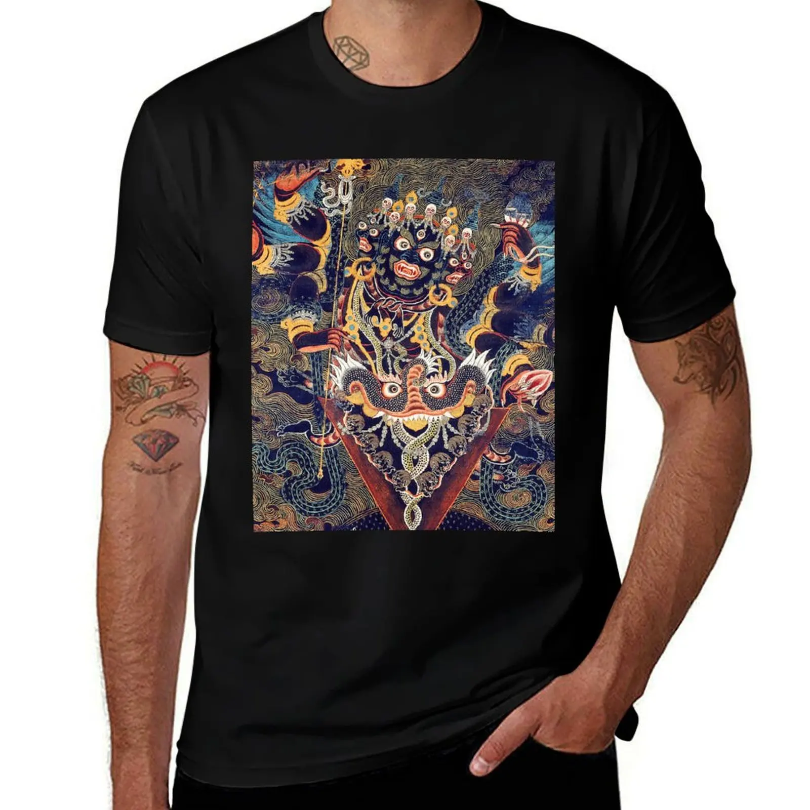 Painted Banner (Thangka) with Guru Dragpur, a Wrathful Form of Padmasambhava T-Shirt plus size clothes summer top men t shirts