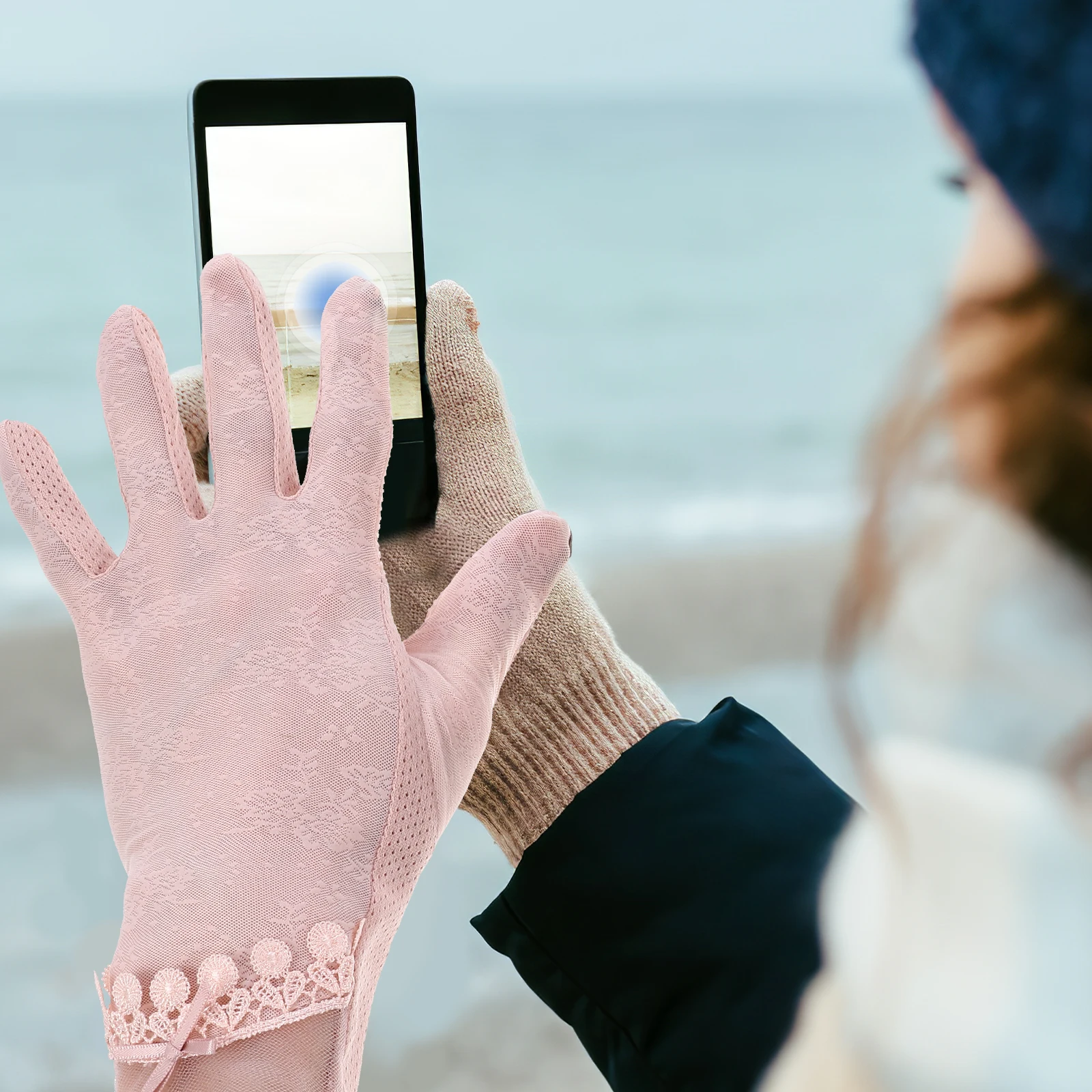 Breathable Non-Slip Touch Screen Gloves Summer Grey Lace Full Finger Outdoor Anti-Sunburn Cycling Gloves Women