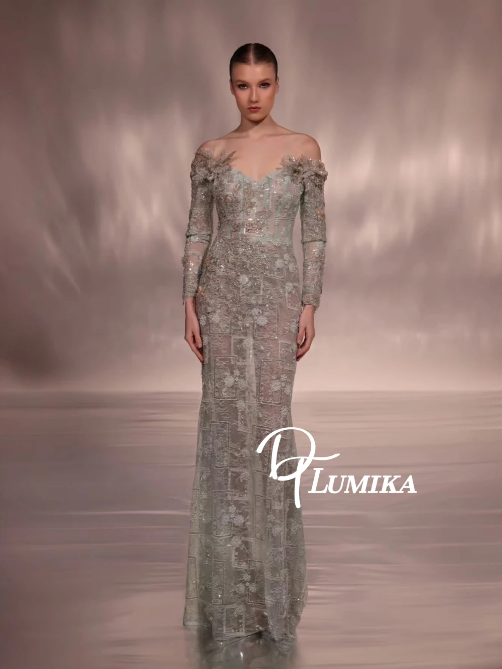 Mint Green Illusion Sparkling Evening Dress Fashionable Beaded Lace Off-the-shoulder Prom Gown Customized Formal Events Wear