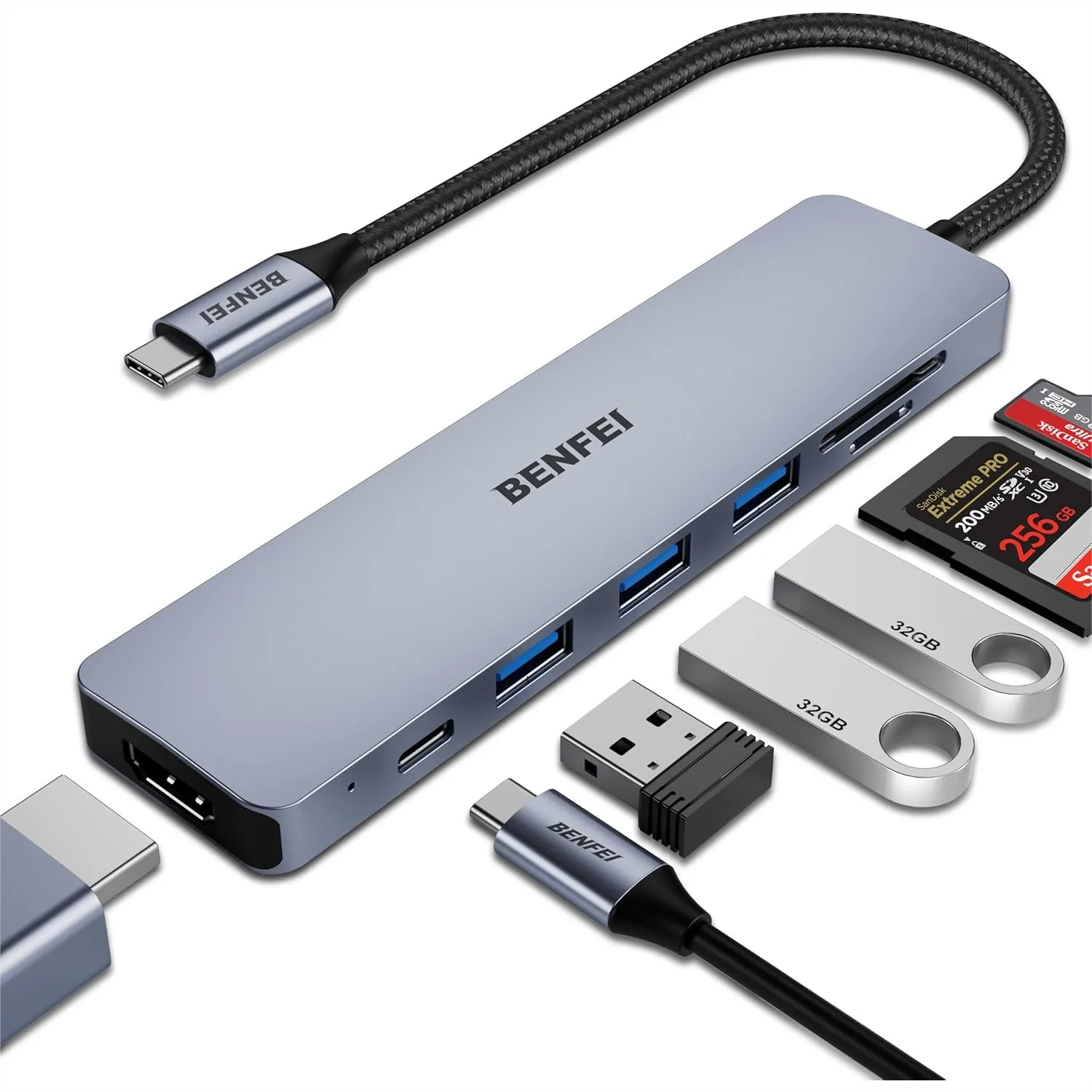 

USB C Hub 7-in-1 with HDMI 4K@60Hz, 100W PD, USB 3.0, SD/TF Card Reader for iPhone 15 Pro/Max, MacBook, iPad Pro