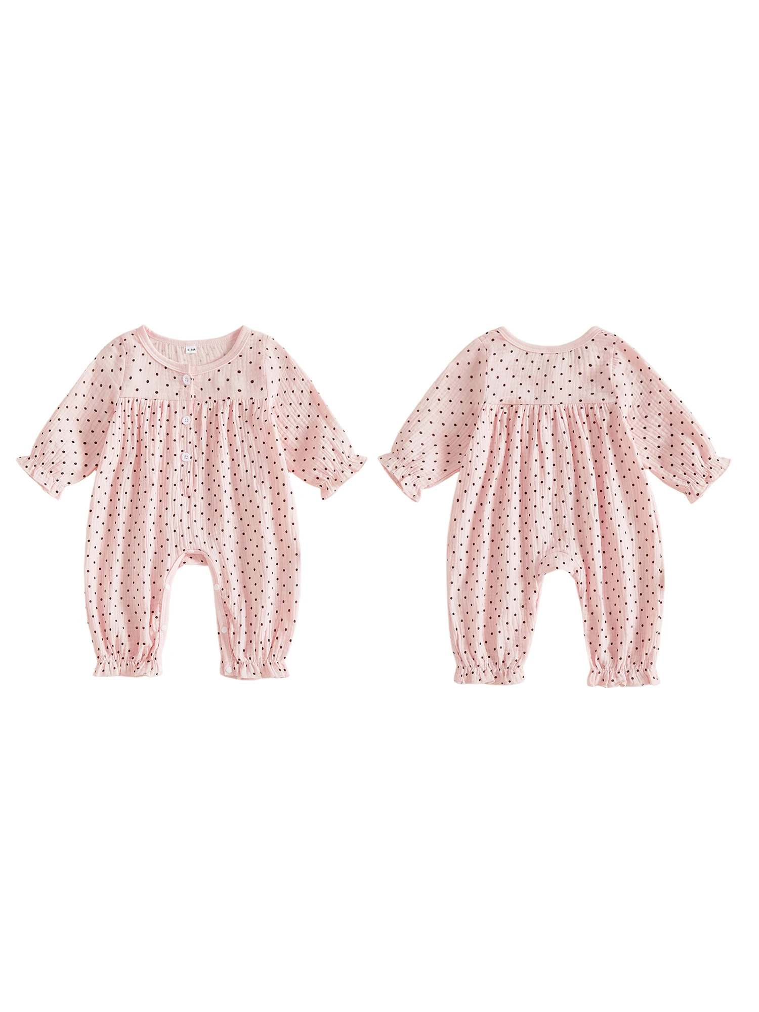 Romper Baby Girls Henley Neck Casual Jumpsuit-Long-Sleeve Henley-Neck-Dots Long Sleeve Henley Baby Girls Jumpsuit Premium