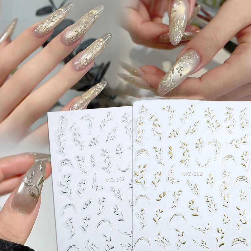 3D Gilded Leaf Nail Stickers, Transferência Slider, Nail Art Decoração, decalques para beleza, cola traseira