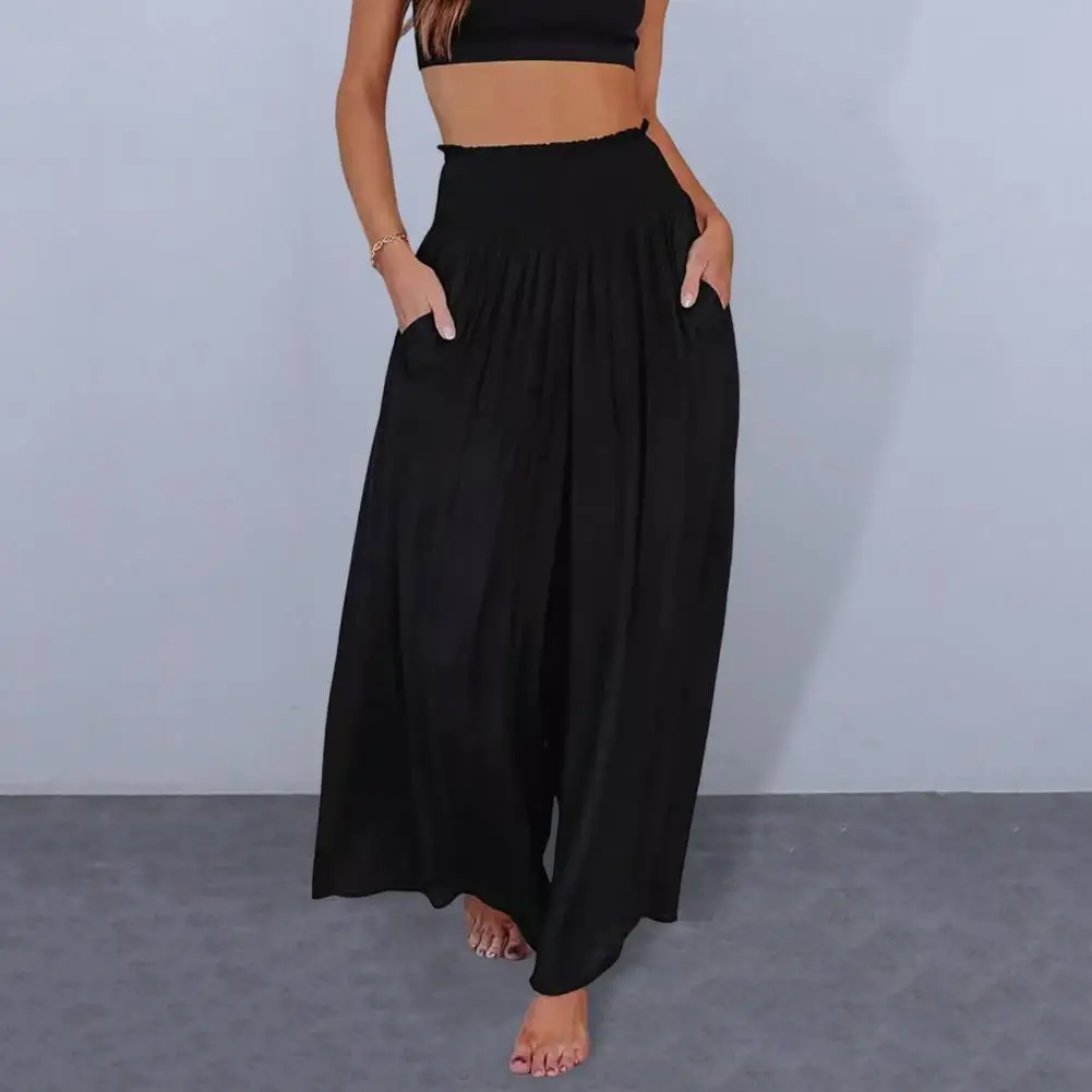 Mid-rise Loose Trousers Stylish Women's Summer Pants Elastic High Waist Wide Leg Trousers for Vacation Work for Fashionable