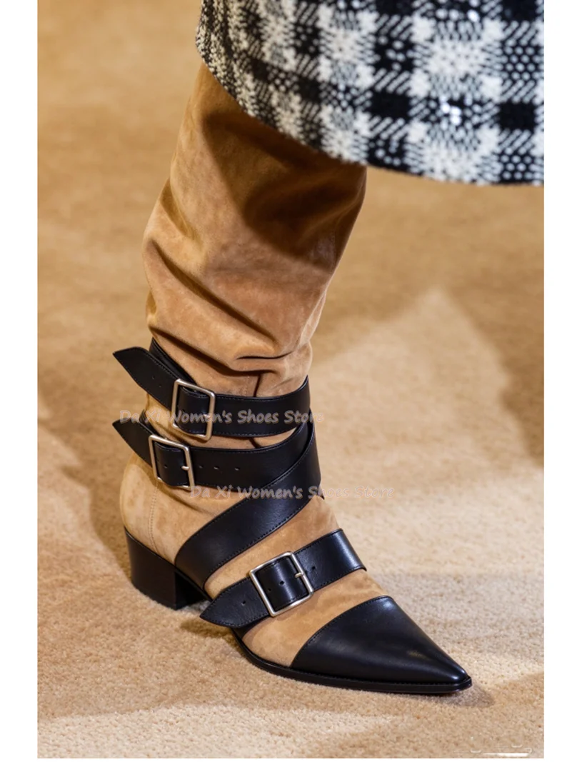 Women Two Tone Cowboy Ankle Boots Pointed Toe Block Heel Multi Buckle Strap Western Style Faux Suede Leather Spliced Boots