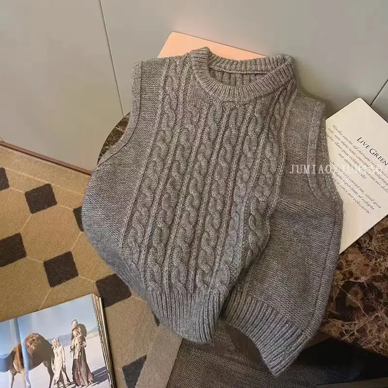 

Korejpaa Fried Dough Twists Sweater Vest Solid Color Waistcoat Vests Women Autumn Korean Style Sleeveless Pullover Clothes
