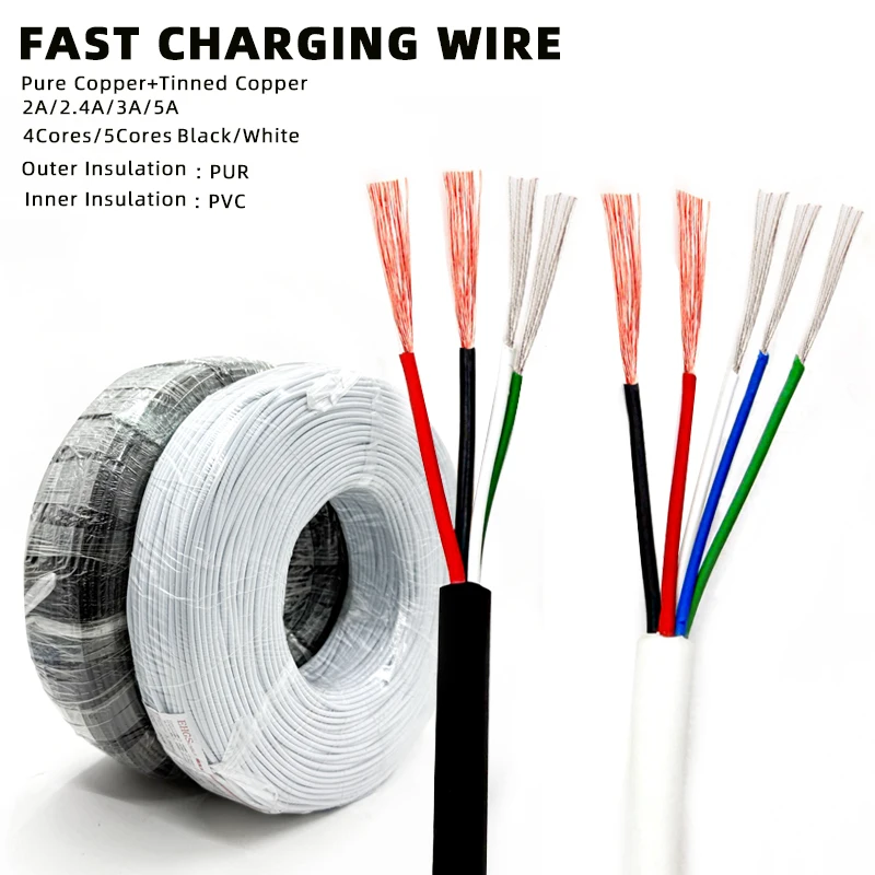 5A Fast Charging DIY USB Cable Quick Charge Soft PUR Insulation Copper Wire for Keyboard Data Transmission Android iPhone Type C