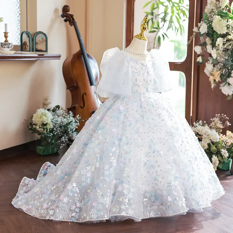 Girls Sequined Ball Gown Princess trailing Dresses Baby Kids Flower Girl Wedding Birthday Party Vestidos Children Clothing