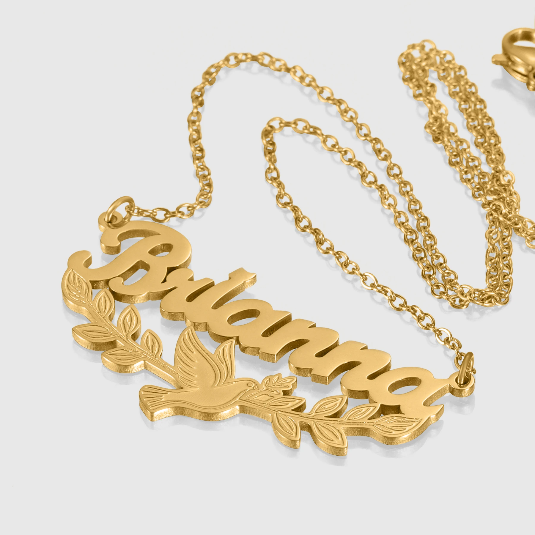 Custom Name Necklace For Women 18K Gold Plated Stainless Steel Dove Bird Leaf Charm Script Letter Pendant Jewelry Gift