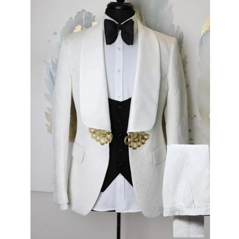 

Chic Jacquard Fabric Men's Suits Shawl Lapel Skinny Wedding 3 Piece Jacket Pants Vest Full Sets High Quality Costume Homme 2024