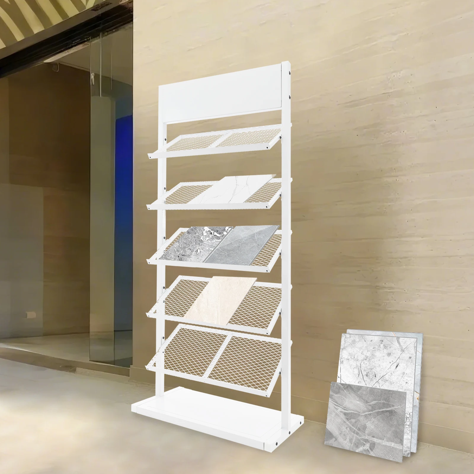 رف عرض بلاط حديدي مكون من 5 طبقات، منظم قائم على الأرض باللون الأبيض، حامل عينة من البورسلين السيراميكي ذو 5 أرفف، رف عينات ثقيل الوزن