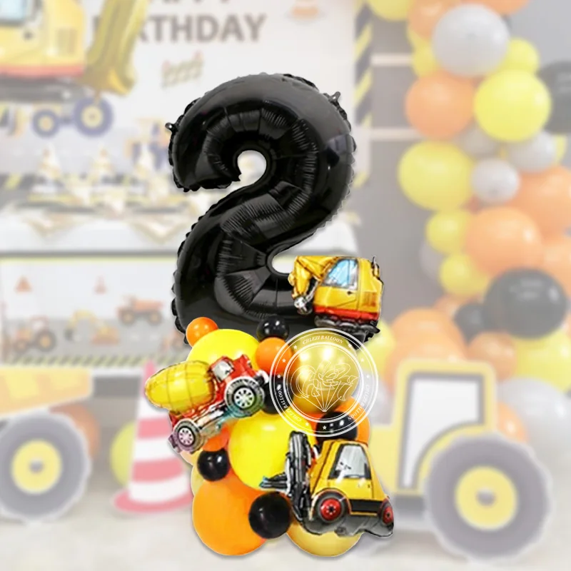 30pcs Large Black Number Balloon Set Mini Excavator Forklift Tank Car Engineering Car Theme Baby Boy Birthday Party Decoration