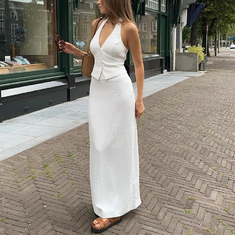 2024 Summer Elegant Vest Skirt 2 Piece Sets Women Sexy Backless Halter Neck Crop Tank Tops Irregular Vests Maxi Skirts Suits