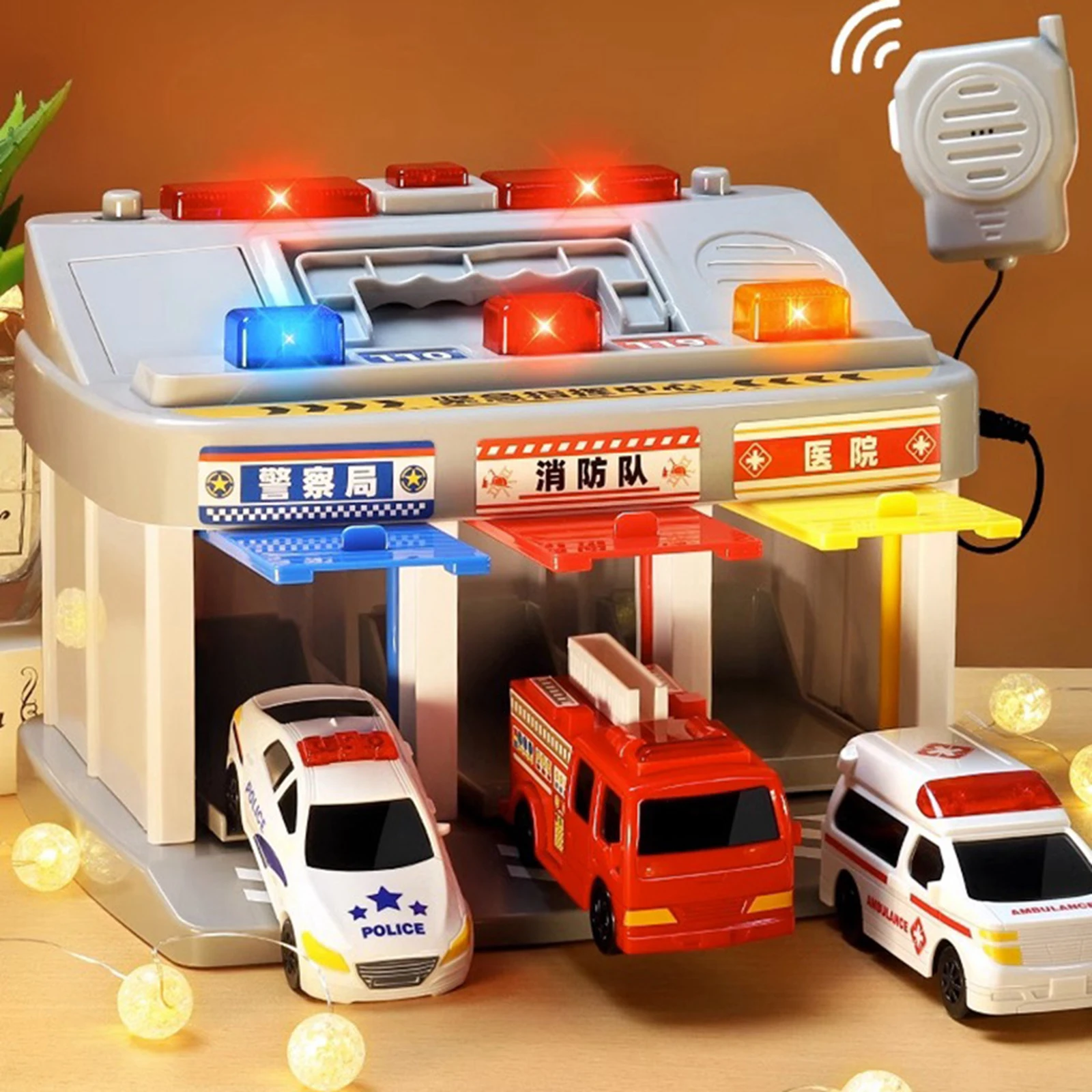 Garage Trucks Set with Music and Light Effects Emergency Vehicle Station with 3 Mini Cars Toy Vehicle for Kids Ages 3 and up