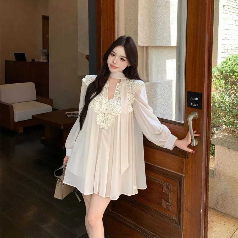 

Spring 2026 White Lace Trim V-Neck Chiffon Dress Waist-Cinching Lantern Sleeve Short Skirt with Sash French Style Loose Fit L...