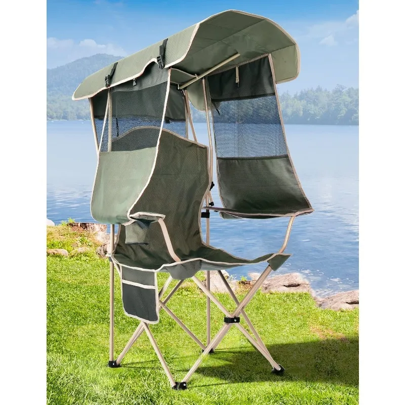 

Adult Folding Camping Chair with Shade Canopy for Outdoors, Camp, Beach, Fishing with Cup Holder, Side Pocket - Support 330 LBS