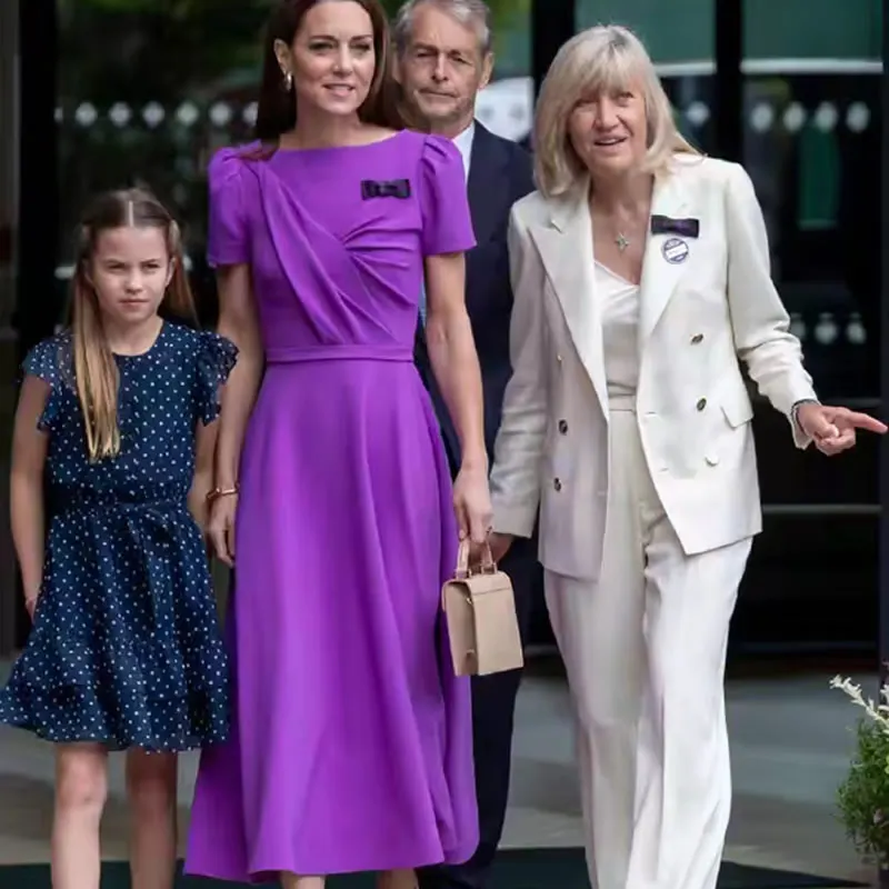 Kate Middleton Purple Princess Dress Elegant O-Neck Shore Sleeve A-Line Pleated Dresses With Bow 7302