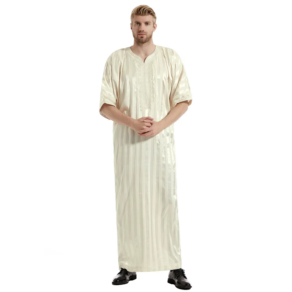 Ramadan Muslim Dress Abayas Dubai Casual Kaftan Satin Robe Stripes Islamic Costume Short Sleeve Jubba Thobe for Mens Middle East