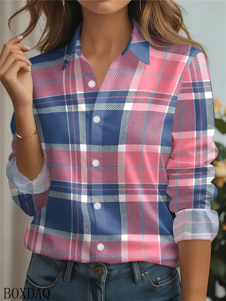 2026 Autumn Women's Blouse Casual 3D Checkered Pattern Printed Long Sleeve Lapel Button Shirts New Women's Fashion Office Tops