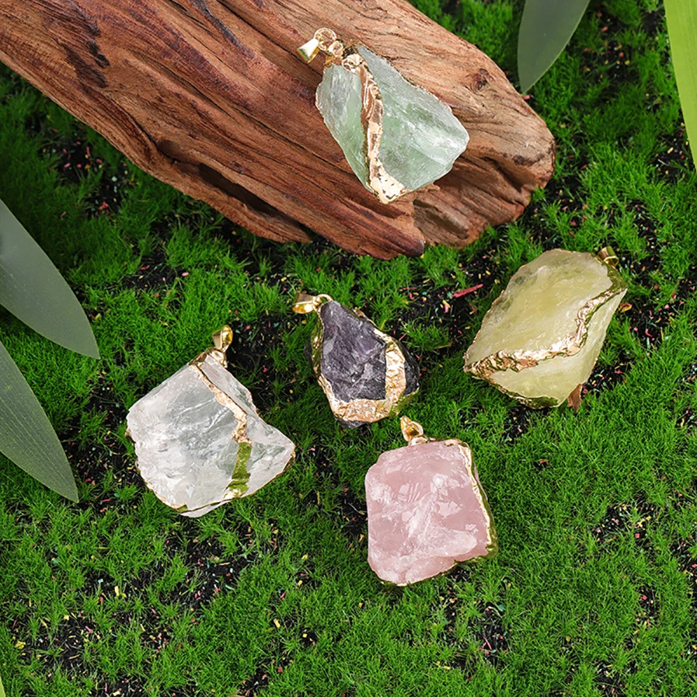 Natural Crystal Irregular Raw Stone Golden Wire Wrapped Gilding Pendant Rose Quartz Fluorite Amethyst Healing Crystals Charms view 5