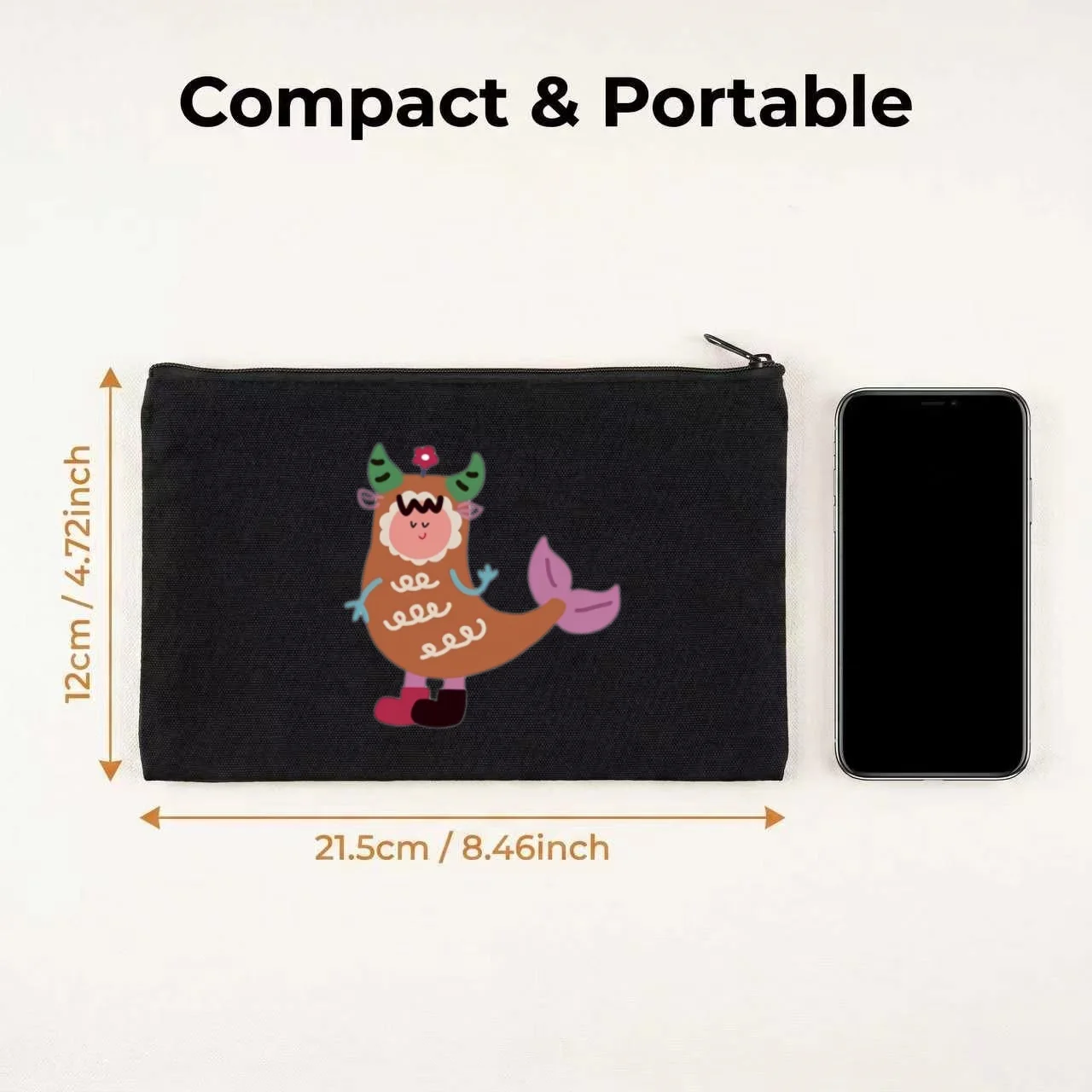 1PC Cute Mermaid Monster Hybrid Cartoon Print Canvas Cosmetic Bag Double Sided Portable Travel Zipper Pouch