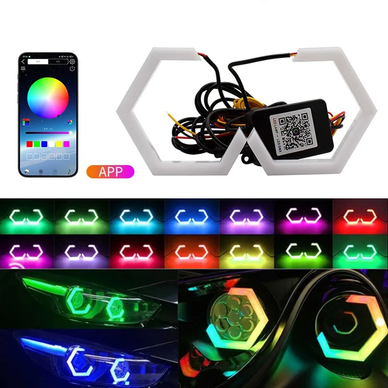 2PCS RGB Hexagon Angel Eyes Halo Rings Retrofit Headlight Car Motorcycle White DRL+Amber Turn Signal Light APP Control 12V 24V