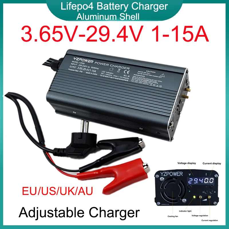 

3.65V-29.4V 1-15A Lifepo4 Battery Adjustable Charger Aluminum Shell LED 12V 24V Power For 3.65V 14.6V 29.2V Lithium iron Cells