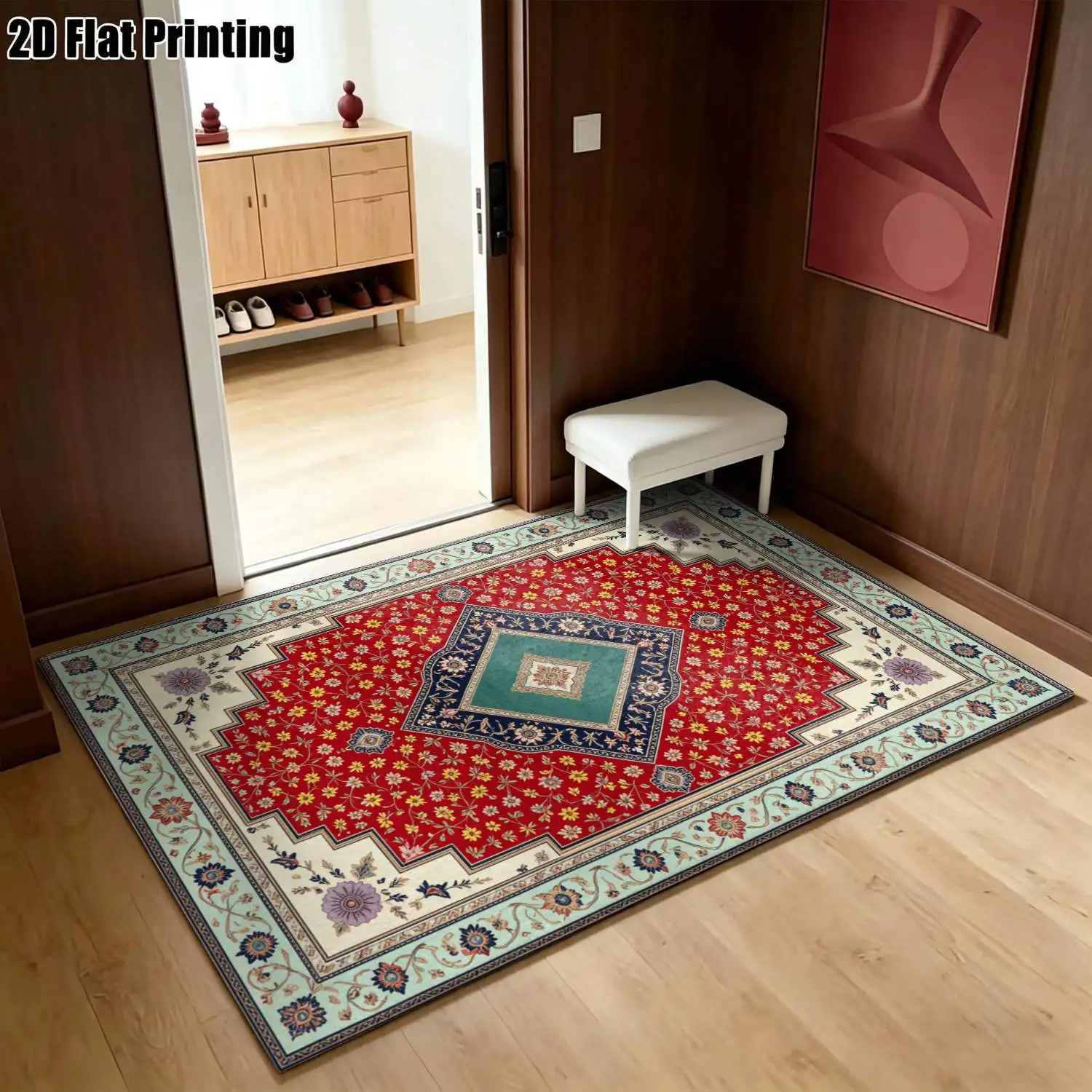 1Pc 2D Printed Red-Base Retro Floral Carpet: European Vintage Bohemian Rug for Home Decor, Machine Washable, Multi-Size, Suitable for Entryway, Dining Room, Living Room, Bedroom