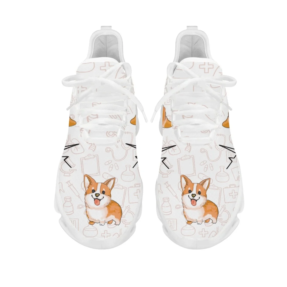 INSTANTARTS Corgi Cartoon Pattern Ladies Mesh Sneakers Women's Platform Shoes Lightweight Lace-up Walking Shoes Comfort Footwear