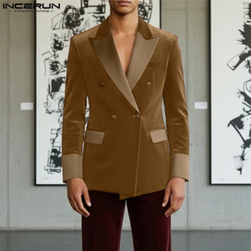 

INCERUN мужской пиджак велюровый лоскутный повседневный костюм с лацканами и длинными рукавами мужская уличная одежда двубортный элегантный модный мужской тонкий костюм