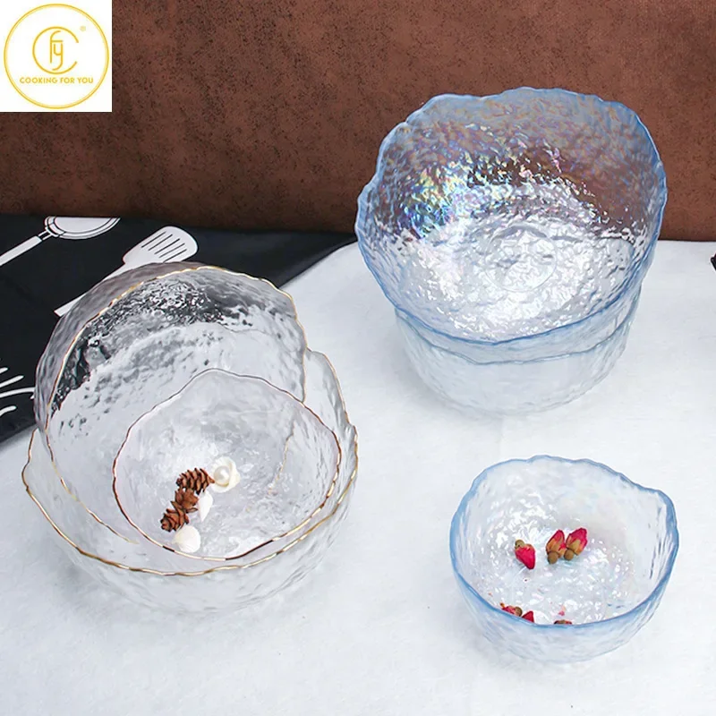 300/800/1000ml 3pcs Set Glass Salad Bowl with Golden Frame Kitchen Vegetable Noodle Fruit Irregular Food Storage Bowl Tableware