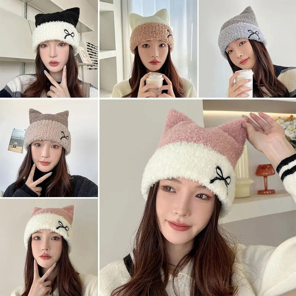 New Design Casual Bow Burr Knitted Hat Multicolor Warm Windproof Ear Protection Cap Windproof Pullover Hat Teenage Girls