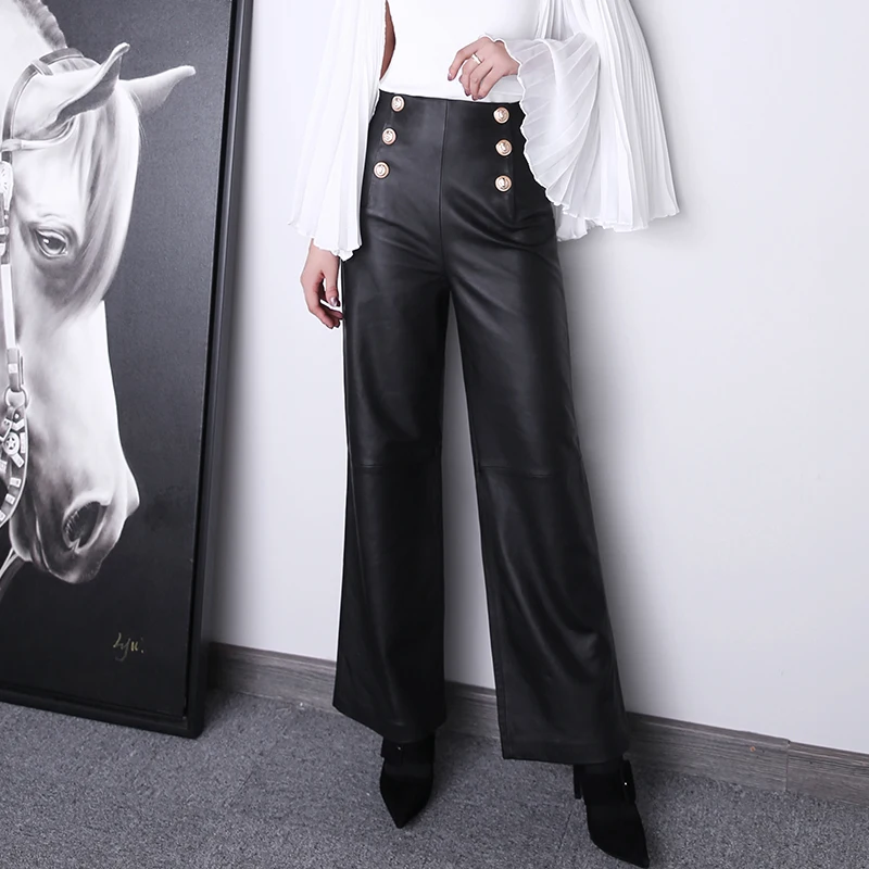 Genuine Leather Pants Women\'s 2022 Winter Ton Sheepskin High Waist Double-Breasted Wide Leg Straight Trousers Baggy Pantalones