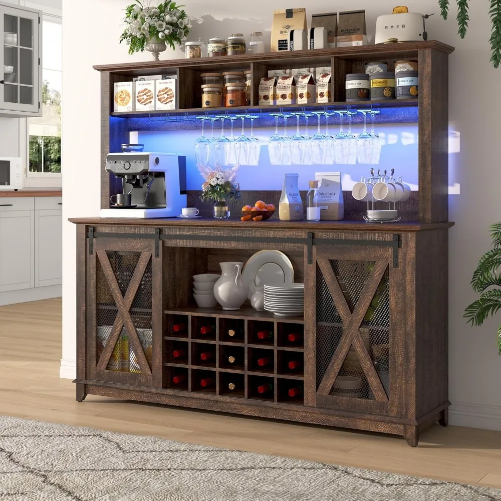 

63"W Farmhouse Coffee Bar Cabinet with LED Light,Wine Bar Cabinet w/ 4 Tier Storage Hutch,Kitchen Buffet Cabinet