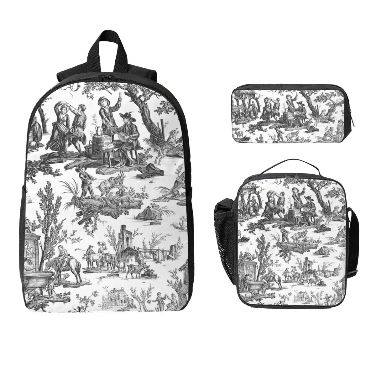 

Vintage French Toile De Jouy Motif Backpack Boys Girls BookBag School Bag Shoulder Bags 3ps Insulated Lunch Bag Pencil Case