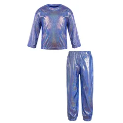 Children Hip Hop Jazz Street Dance Performance Outfit Metallic Shiny T-shirt with Glittery Pants for School Show Birthday Party
