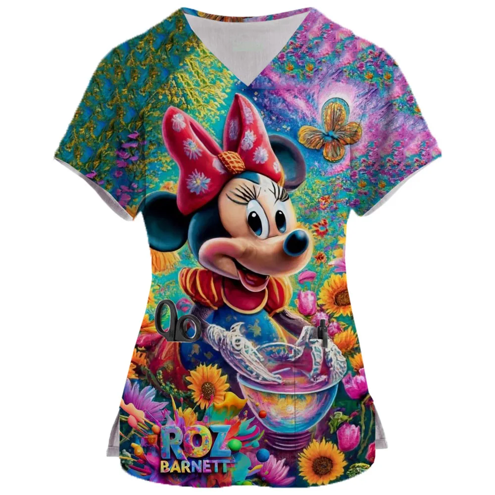 2024 New Minnie Mouse Print Nurse Medical Uniforms V-neck Short Sleeve Pocket Workwear Top Scrubs Medical Accessories Uniform