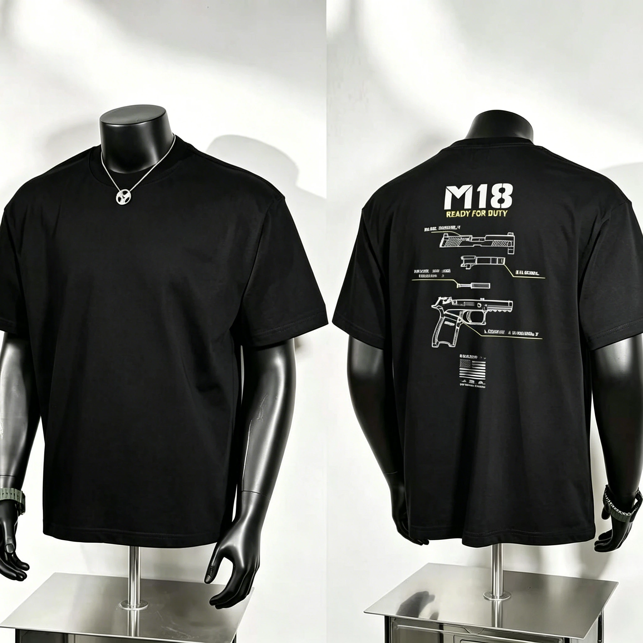 Gun Enthusiast Graphic T Shirt, M18 Handgun Exploded Schematic with Component Marking and Vintage US Flag Patch Back Print