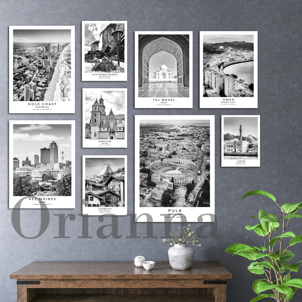 Zermatt Lauterbrunnen Pula Des Moines Gold Coast Oman Taj Mahal Krakow Poland Travel Print Black And White City Art Poster Gift