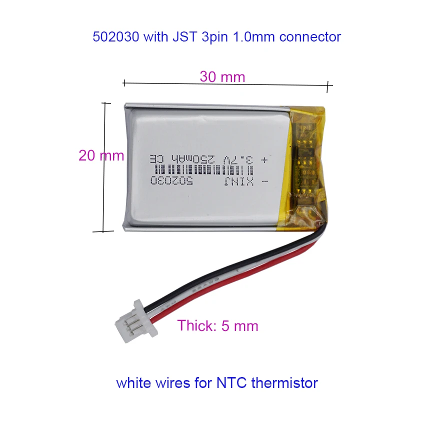 2pcs 3.7v 250mah 0.925Wh Li Lithium Battery 502030 Li-ion 3-wire JST 3pin1.0mm For DashCam GSP Mouse Bluetooth Speaker Headphone