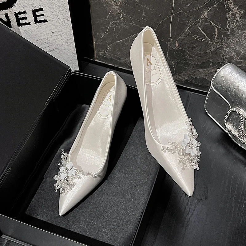 

White Rhinestone High Heels for Women Wedding Bridal Shoes French Floral Dress Pumps