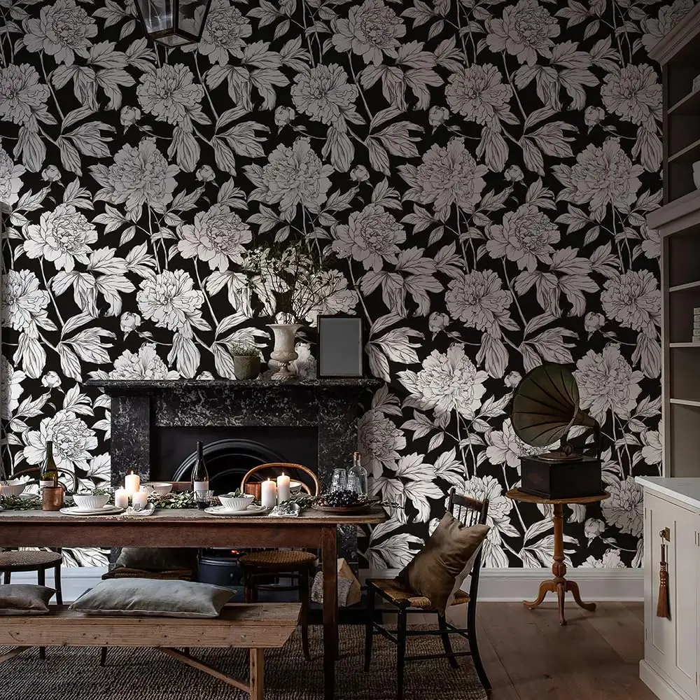 Vintage White Floral Peel and Stick Wallpaper Boho Black Self Adhesive Wallpaper Removable Contact Paper for Bedroom Wall Decor
