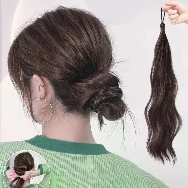 Long Wavy Ponytail Extension Synthetic Hair, Braided Curly Straight Wig with Rubber Band, Elastic Hair Ring for Women Girls