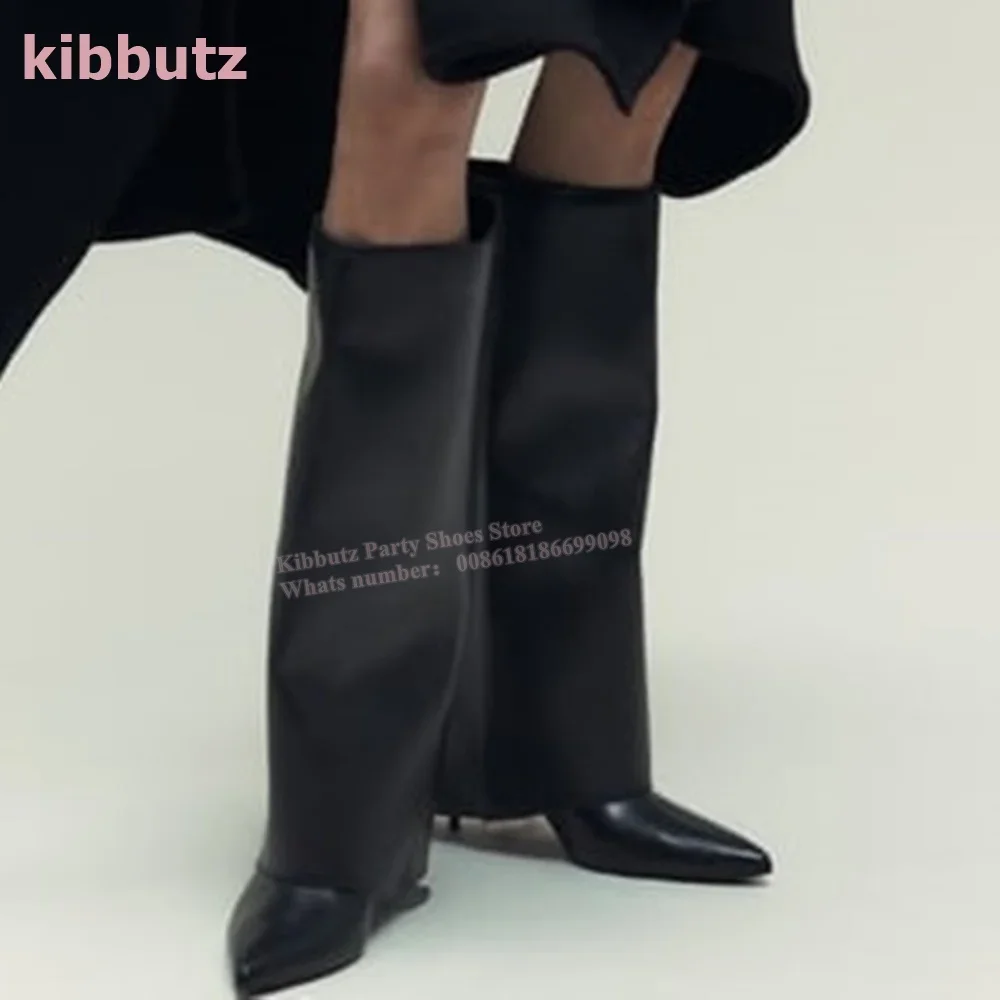 

Сапоги-трубы с перевернутым краем, до колена, с острым носком, на тонком каблуке, без застежки, однотонные черные, из натуральной кожи, модная сексуальная женская обувь, Новинка