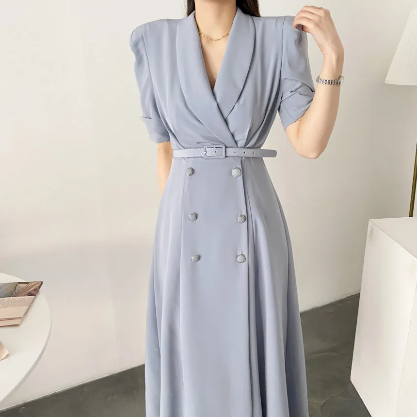 

Notched Botton Solid Long Dress A Line Blue Elegant Vestidos Midi Office Lady Korean Half Sleeve Chic Sukienki Damskie with Belt